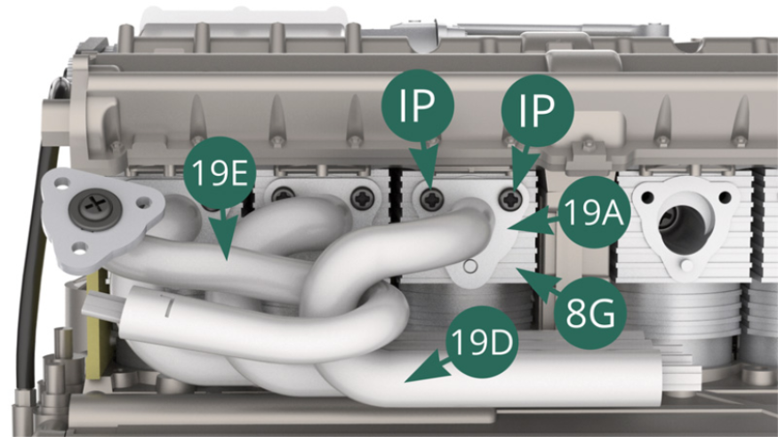 Fix the flange 19A of the exhaust pipe 19D to the cylinder 8G with two IP screws.