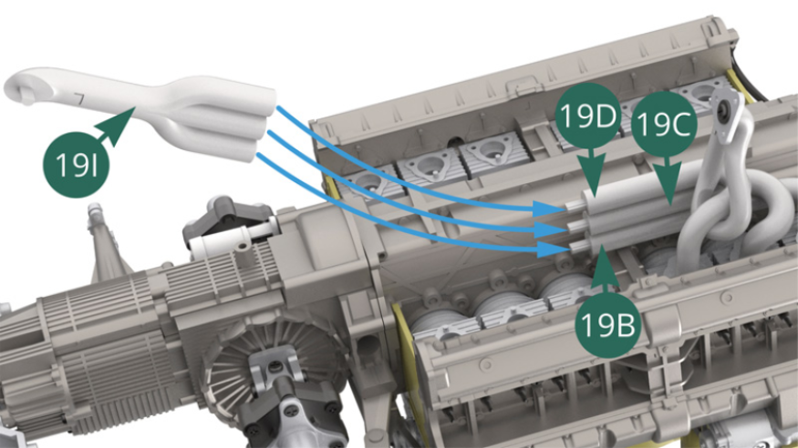 Position the exhaust manifold 19I on the connecting studs of the exhaust pipes 19B, 19C and 19D.