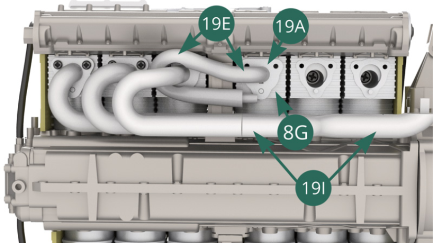 Position the flange 19A of the exhaust pipe 19E on the cylinder 8G and secure it with two IP screws (illustrations opposite).
