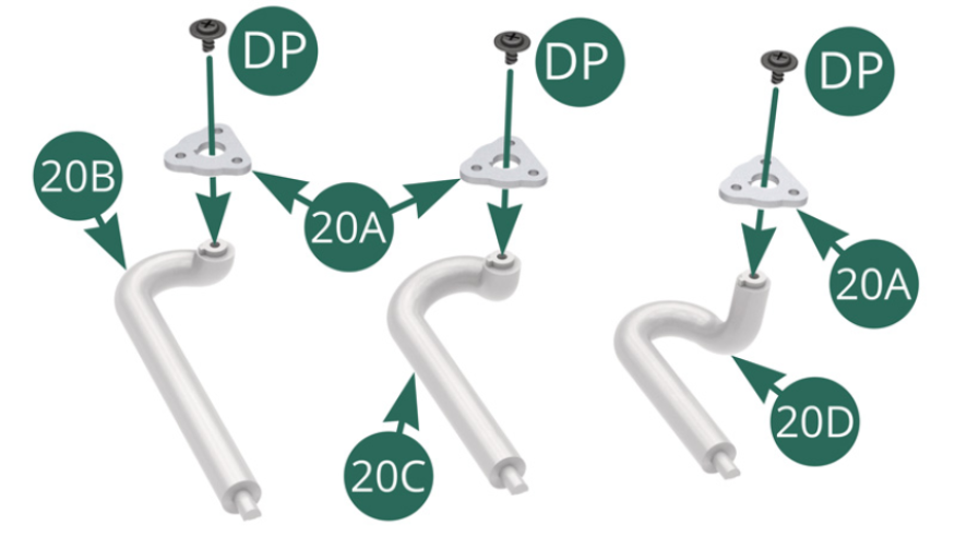 Position the six 20A flanges on each of the 20B, 20C, 20D, 20E, 20F and 20G exhaust pipes, then secure them with six DP screws (illustrations opposite).