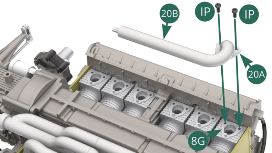 Position the flange 20A of the exhaust pipe 20B on the cylinder 8G and secure it with two IP screws.