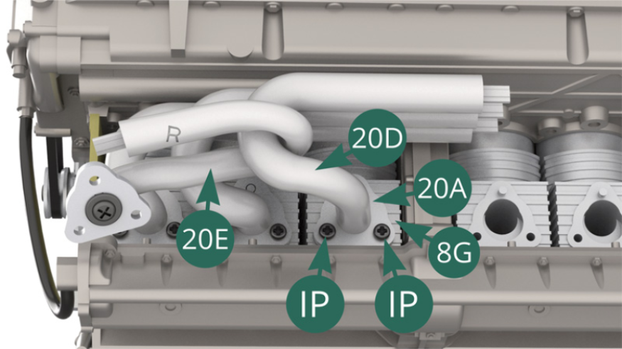Secure the flange 20A of the 20D exhaust pipe to the 8G cylinder with two IP screws.