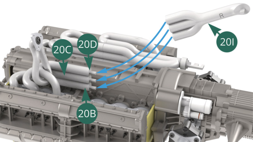 Position the 20I exhaust manifold on the connecting studs of the 20B, 20C et 20D exhaust pipes.