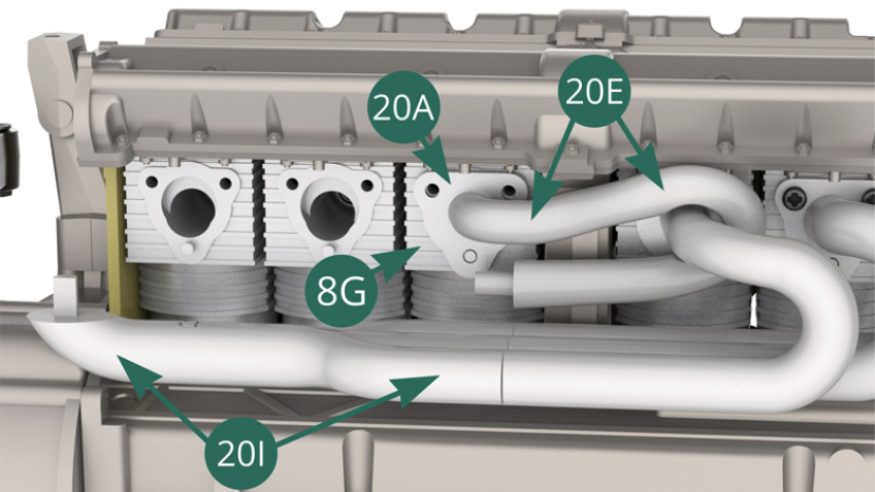 Position the flange 20A of the exhaust pipe 20E on the cylinder 8G and secure it with two IP screws (illustrations opposite and below).