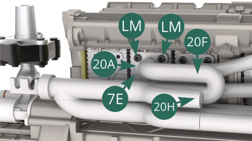 Secure the flange 20A of the 20F exhaust pipe to the cylinder 7E with two LM screws. 
