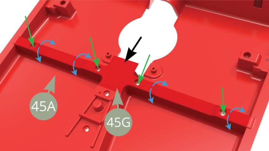 Align four holes of 45G Cabin floor cover to four holes of 45A Cabin floor transversal beam ( green arrows ) , and then smooth on top surface and side surfaces as blue arrows point . Leave black arrow pointed edge of 45G Cabin floor cover loose.