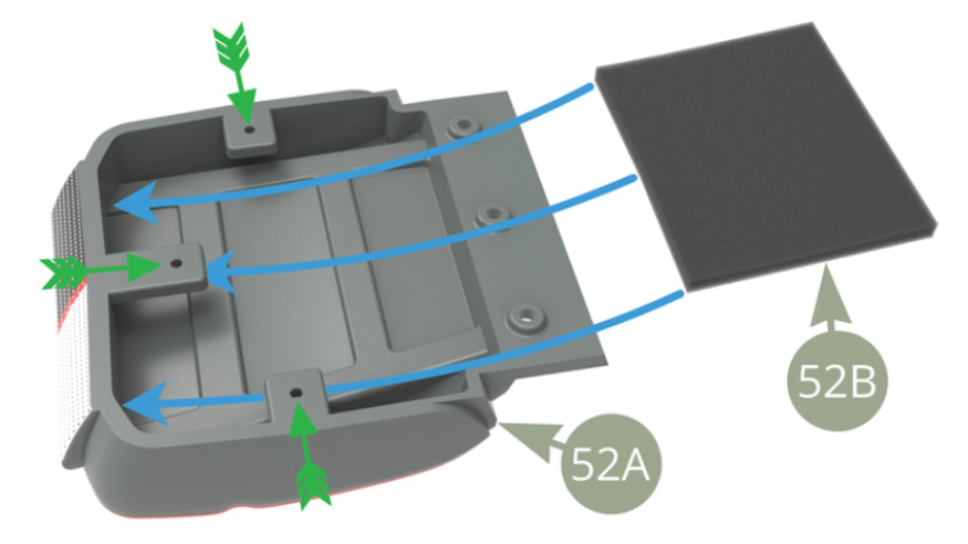 Slide 52B Cushion padding foam into 52A Front left seat cushion under three tabs pointed by green arrows.