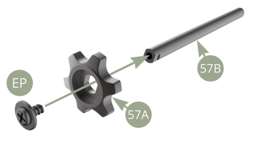 Fit 57A Backrest adjustment wheel to any end of 57B Axle and fix with EP screw.