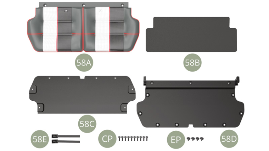 58A Rear seat cushion58B Cushion padding58C Cushion panel 58D Rear seat base58E Rear safety belt locks ( x2 )CP M 1,7 x 5 mm (x 10)EP M 1,7 x 3 x 5 mm (x 4)
