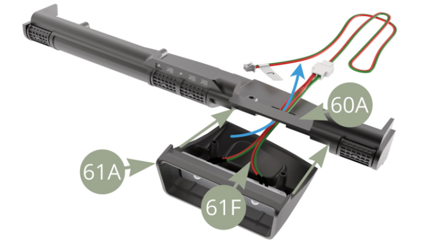Pass 61F Instrument panel LED cable J (red - green ) through square opening in 60A Upper dashboard panel (blue arrow). Fit 61A Instrument console to 60A Upper dashboard panel and fix with two AP screws. (Llower illustrations)