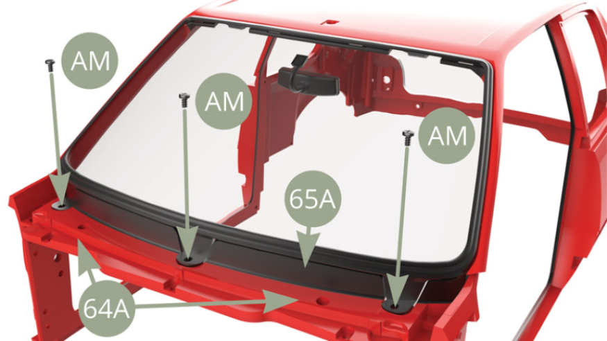 Fix three lower tabs of 65A Windscreen to 64A Body frame with three AM screws.