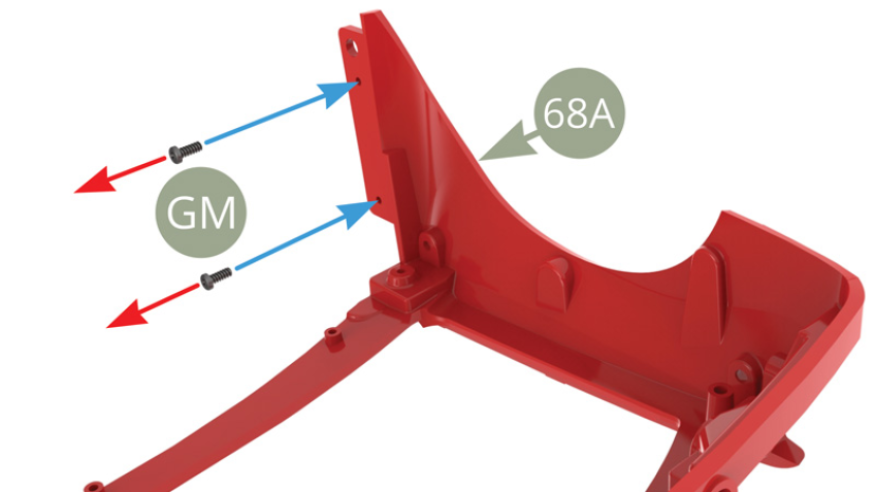 To facilitate further assembly cut the threads by taking four GM screws and screw them in ( blue arrows ) 68A Front subframe right ( upper image ) and left ( lower image ) side flanges , and then unscrew completely ( red arrows ).