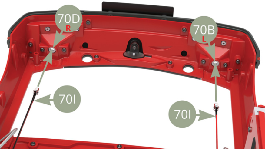 Fit two 70I Headlight cable K LEDs into 70D Right and 70B Left headlight housings.