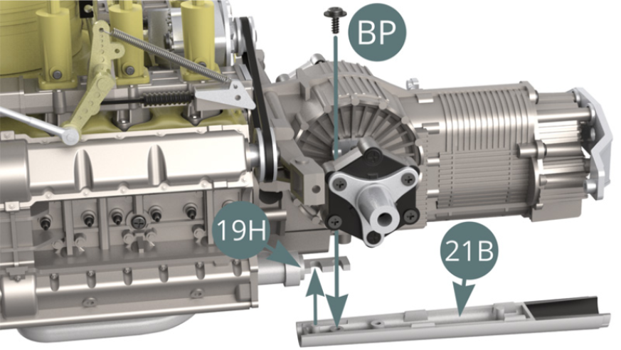Position Lower left exhaust outlet (21B) on Exhaust manifold (19H) and secure it with a BP screw.