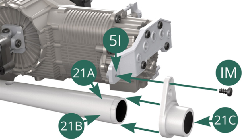 Position Exhaust outlet bracket (21C) on the Upper and lower left exhaust outlet (21A/21B) as well as on the Exhaust pipe support (5I), then secure it on the latter using an IM screw.
