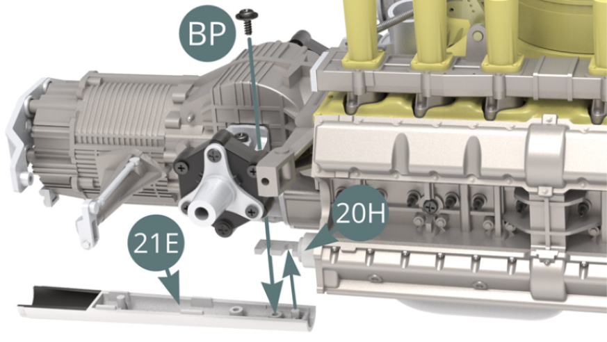 Position the Lower right exhaust outlet (21E) on the Exhaust manifold (20H)) and fix with a BP screw.
