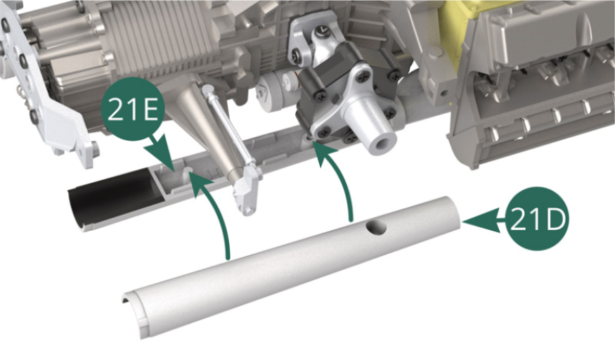 Position the Upper right exhaust outlet (21D) on the Lower left exhaust outlet (21E)) and secure with an AP screw (illustrations below).
