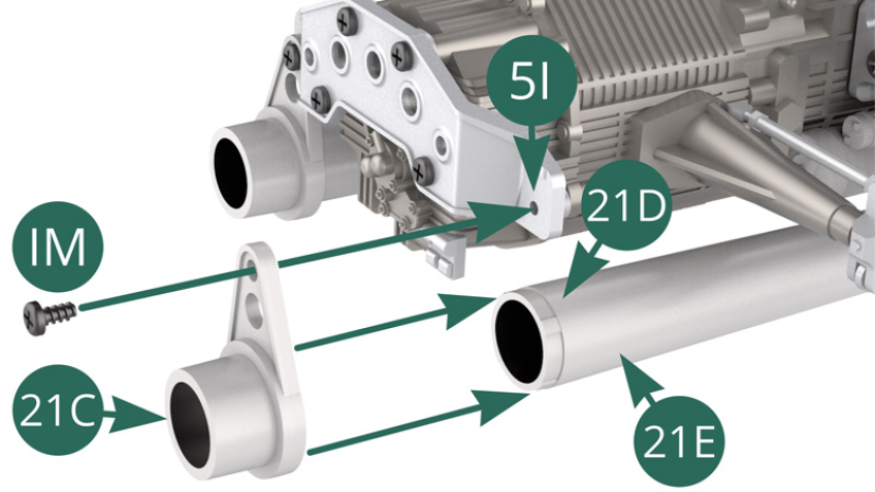 Position the Exhaust outlet bracket (21C) on the Upper and lower right exhaust outlet (21D/21E)) as well as on the Exhaust pipe support (5I), then secure it on the latter using an IM screw.