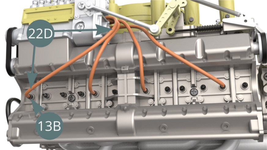Cut a fourth ignition wire of 12.5 cm long from the Ignition wire roll (22D), then connect it to the next Spark plug (13B) - illustrations below - and to the Connector (22C) - illustrations below.