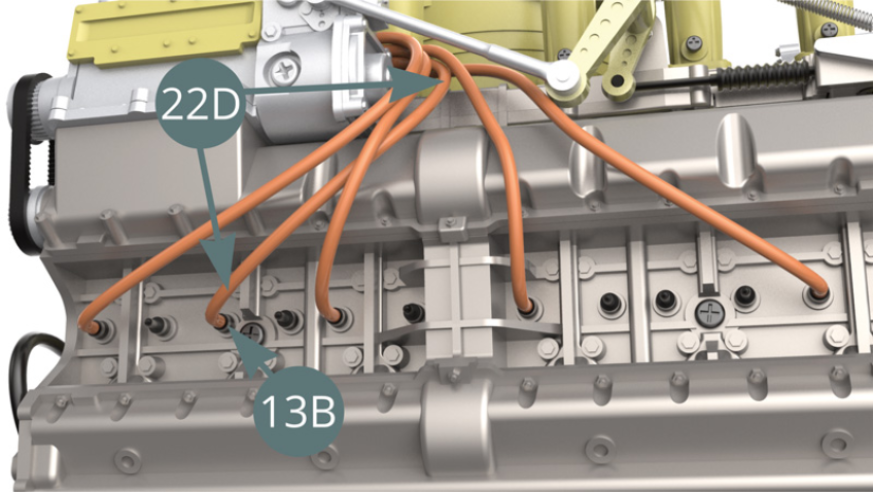 Cut a fifth ignition wire of 12 cm long from the Ignition wire roll (22D), then connect it to the next Spark plug (13B) - illustrations below - and to the Connector (22C) - illustration below.