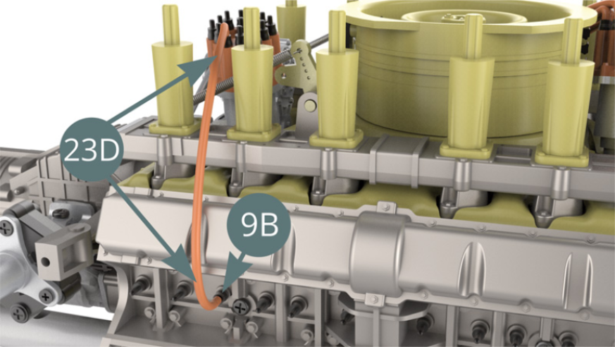 Connect the first ignition wire of 7.5 cm (23D) to the Spark plug (9B) - illustration below - and to the Connector (23B) – illustration below. Turn the Igniter head (23B) - blue arrow - into the position as shown above.