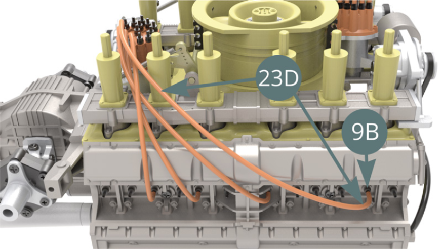 Cut a fourth ignition wire of 12 cm long from the Ignition wire roll (23D), connect it to the next Spark plug (9B) - illustration below - and to the Connector (23C) – illustration below.