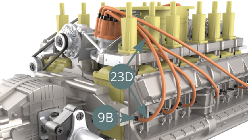 Cut a fifth ignition wire of 8.5 cm long from the Ignition wire roll (23D), connect it to the next Spark plug (9B) - illustration below - and to the Connector (23C) – illustration below.