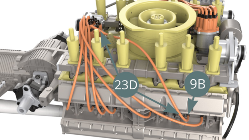 Cut a seventh ignition wire of 10.5 cm long from the Ignition wire roll (23D), connect it to the next Spark plug (9B) - illustration below - and to the Connector (23C) – illustration below.