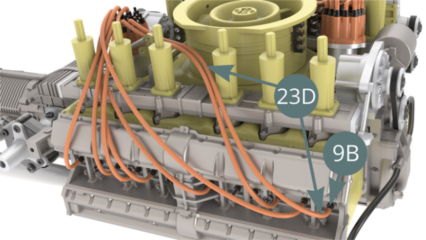 Cut an eighth ignition wire of 11.5 cm long from the Ignition wire roll (23D), connect it to the next Spark plug (9B) - illustration below - and to the Connector (23C) – illustration below.