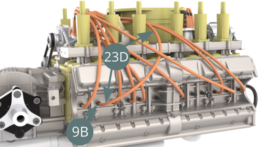 Cut a ninth ignition wire of 10.5 cm long from the Ignition wire roll (23D), connect it to the next Spark plug (9B) - illustration below - and to the Connector (23C) – illustration below).