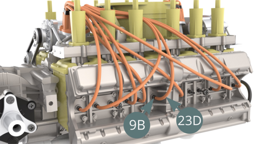 Cut a tenth ignition wire of 9.5 cm long from the Ignition wire roll (23D), connect it to the next Spark plug (9B) - illustration below - and to the Connector (23C) – illustration below).