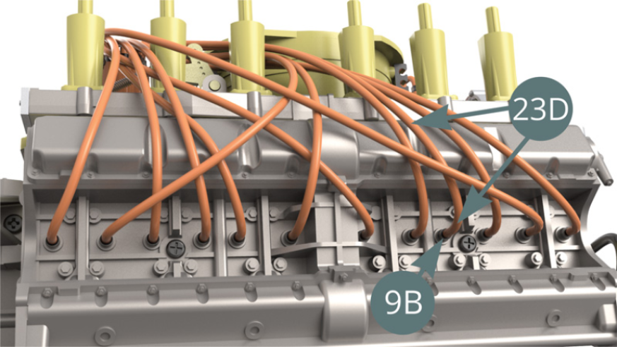 Cut a twelfth ignition wire of 11 cm long from the Ignition wire roll (23D), connect it to the next Spark plug (9B) - illustration below - and to the Connector (23C) – illustration below).