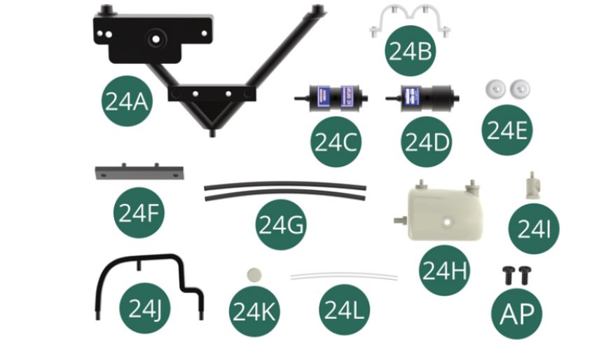 24A V-frame 24B Collar link24C Brake fluid reservoir 24D Brake fluid reservoir24E Cap (x 2) 24F Support 24G Brake Fluid Hose (x 2) 24H Windshield washer reservoir24I Windshield washer pump 24J Clip 24K Cap 24L Windshield washer fluid hose AP Screw M 1.7 x 4 mm (x 2)