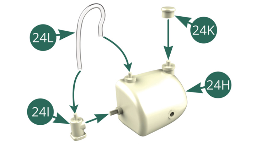 Position the Cap (24K) onto the Washer reservoir (24H). Position the Windshield washer pump (24I) on Washer reservoir (24H), then connect the Washer fluid hose (24L) to the Washer pump (24I) and Windshield washer reservoir (24H). 