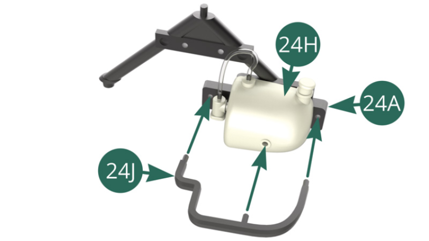 Position the Clip (24J) on the V-frame (24A) and on the Windshield washer reservoir (24H).