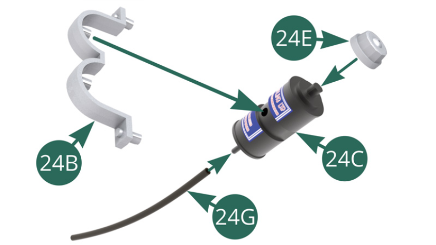 Position Cap (24E) on the Brake fluid reservoir (24C), then connect the Hose (24G). Position the Tank (24C) on the attachment Collar (24B).