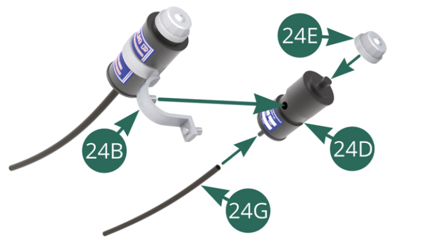 Position the Cap (24E) on the Brake fluid tank (24D, then connect the Fluid hose (24G). Position Brake fluid reservoir (24C) on Clamp (24B).