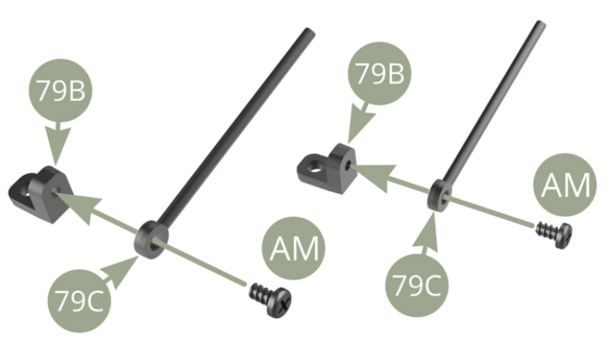 Make two assemblies of 79C Tailgate strut piston fitted to shorter tab of 79B Bracket and fixed with AM screw.