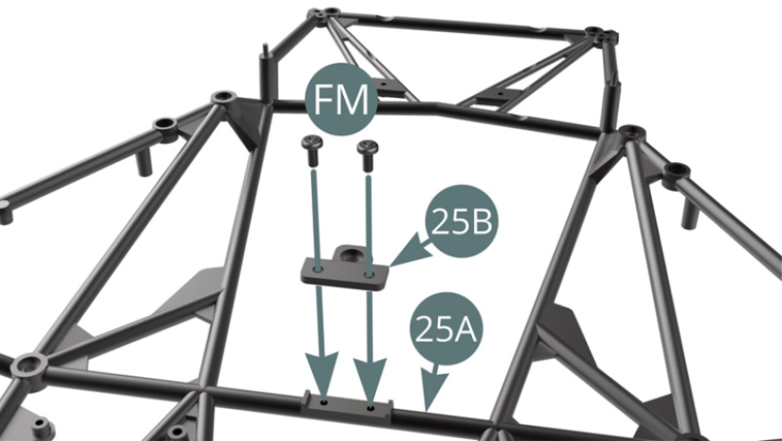 Position the front engine mount 25B on the lower frame 25A and fix it with two FM screws (illustration opposite).