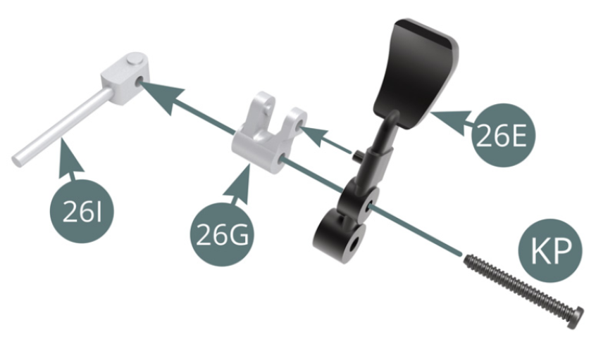 Position a KP screw in a 26I tappet by first passing it through the 26E clutch pedal and then the 26G bracket.