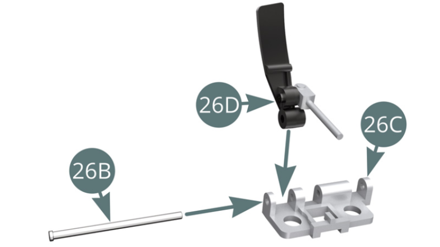 Position the throttle pedal 26D on the pedal bracket 26C and lock it with the 26B rod.