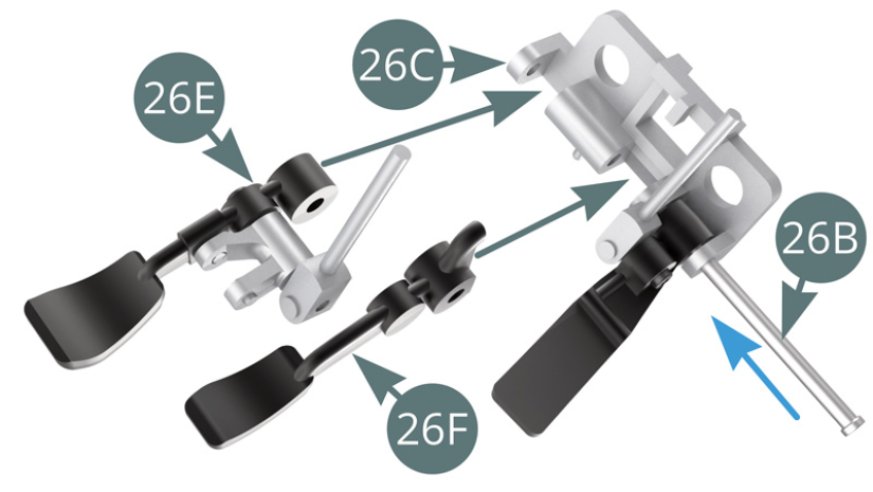 Position the brake pedal 26F and the clutch pedal 26E, one after the other, on the bottom bracket 26C and lock them successively by advancing the 26B rod (blue arrow).
