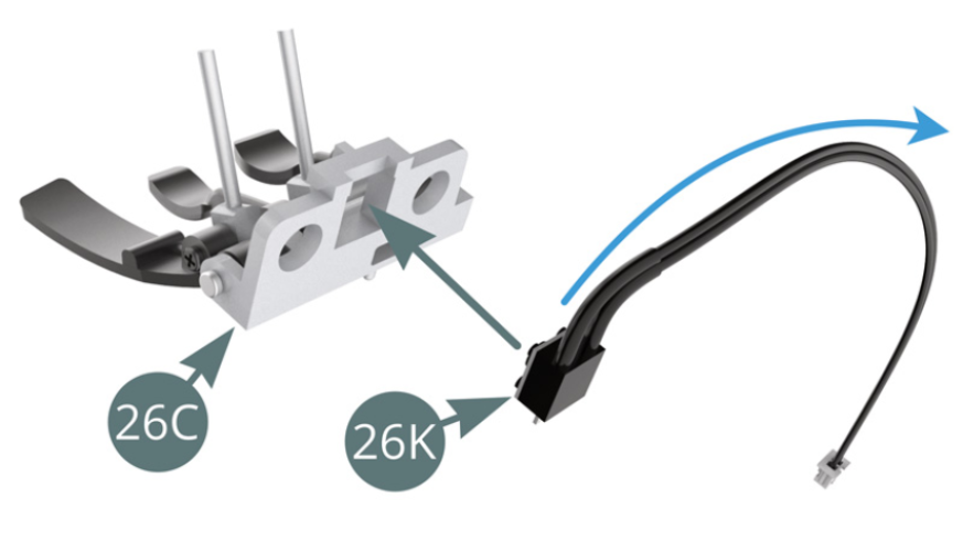Fold the 26K brake light switch cable to the side (blue arrow) and position the switch into the slot provided under the 26C bottom bracket.