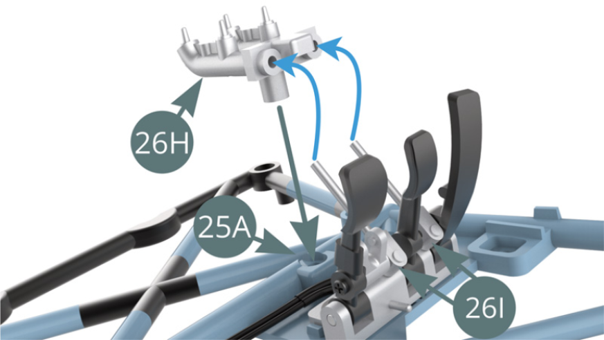 Position the master cylinders 26H on the lower frame 25A and, at the same time, insert the two 26I tappets into their respective master cylinder housings 26H (blue arrow).