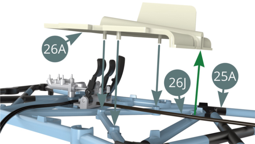 Position the footrest 26A on the lower frame 25A using the three lugs provided. Pass the clutch cable 26J through the slot indicated by the green arrow (see illustrations opposite).