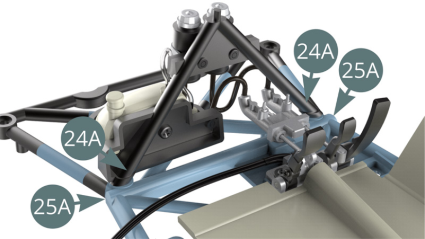 Continue by positioning the 24A V frame on the lower frame 25A, then fix it from below with two IM screws (illustrations opposite).