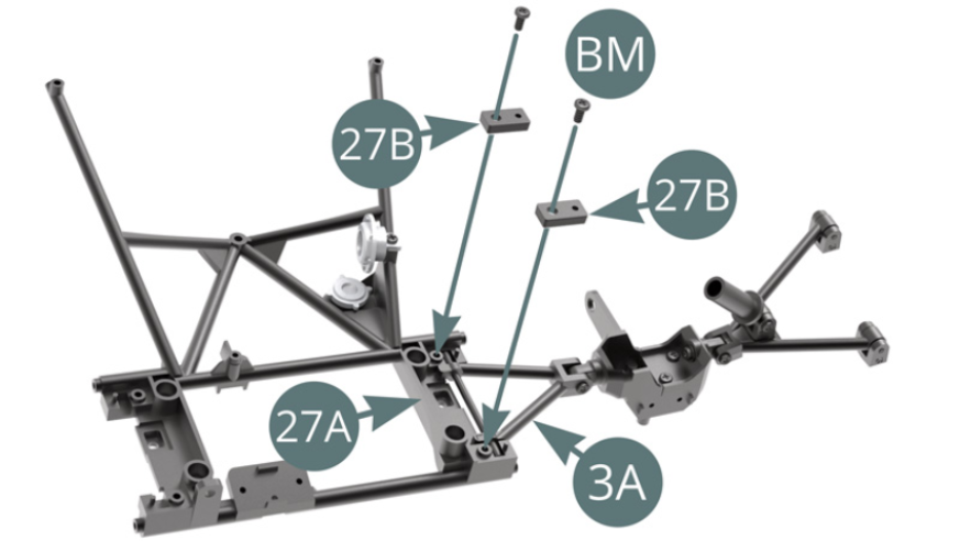 Attach the upper swingarm 3A to the dashboard frame 27A using the brackets 27B and two BM screws.