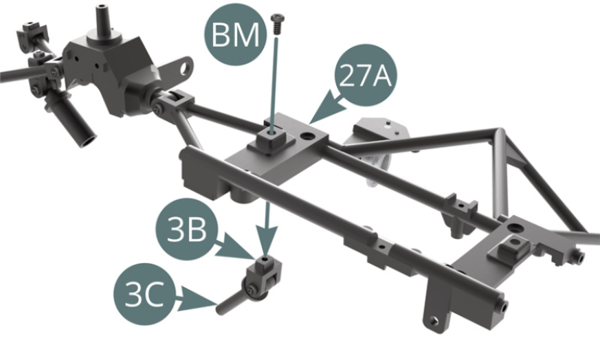 Position the 3B shock bracket and 3C piston on the 27A dashboard frame, and secure it with a BM screw.