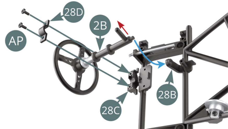 Position the end of 2B steering column on 28B support (blue arrow) and secure it to support 28C using attachment 28D and two AP screws. Check the orientation of the axle at the end of steering column 2B (red arrow).