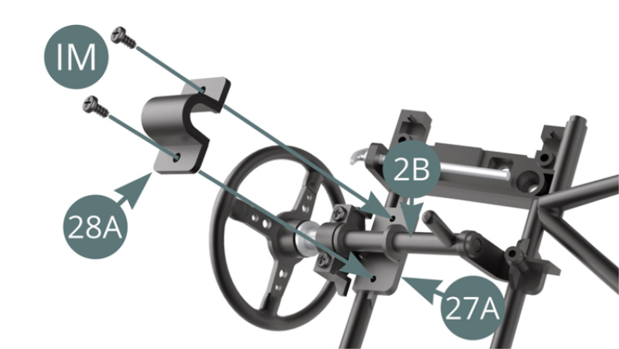 Attach the 2B steering column  to the 27A dashboard frame using 28A attachment  and two screws IM.